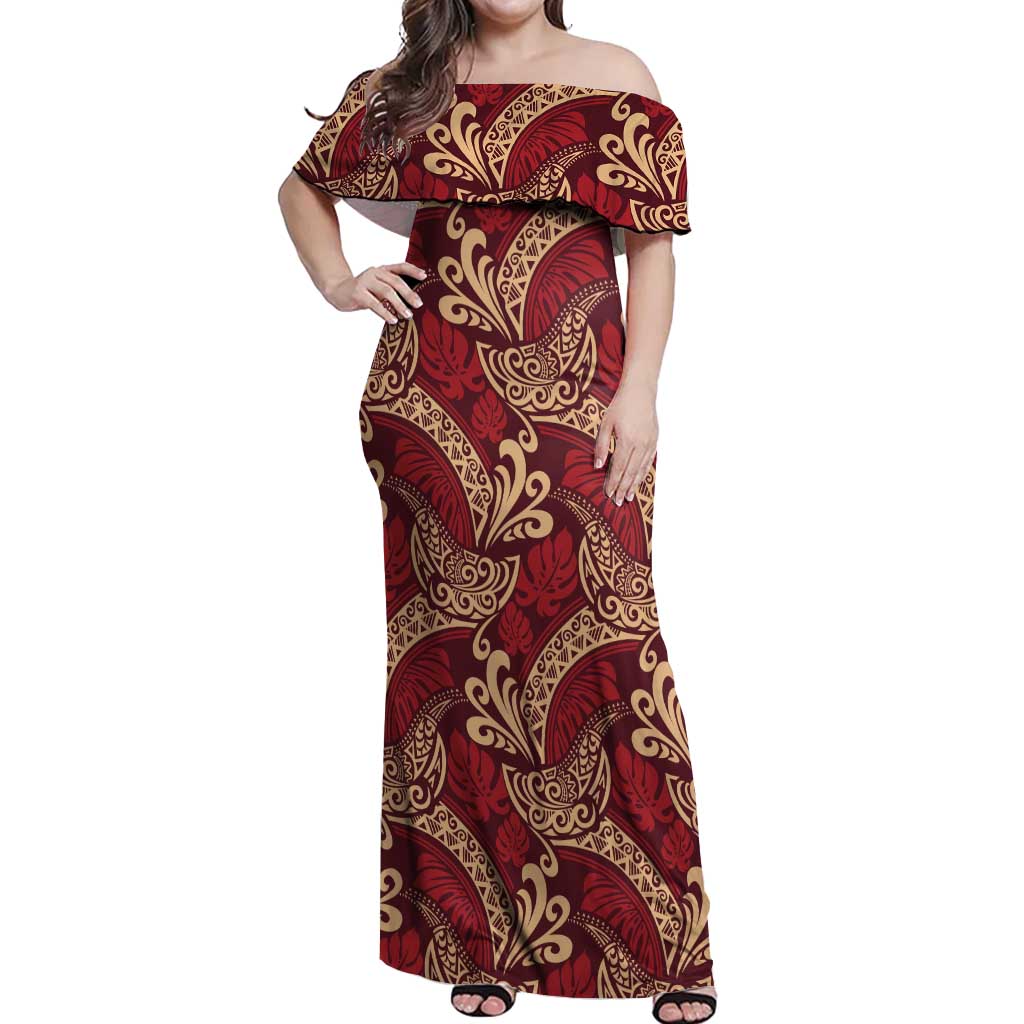 Luxury Red Monstera Off Shoulder Maxi Dress Polynesian Tribal Pattern LT01 Women Red - Polynesian Pride