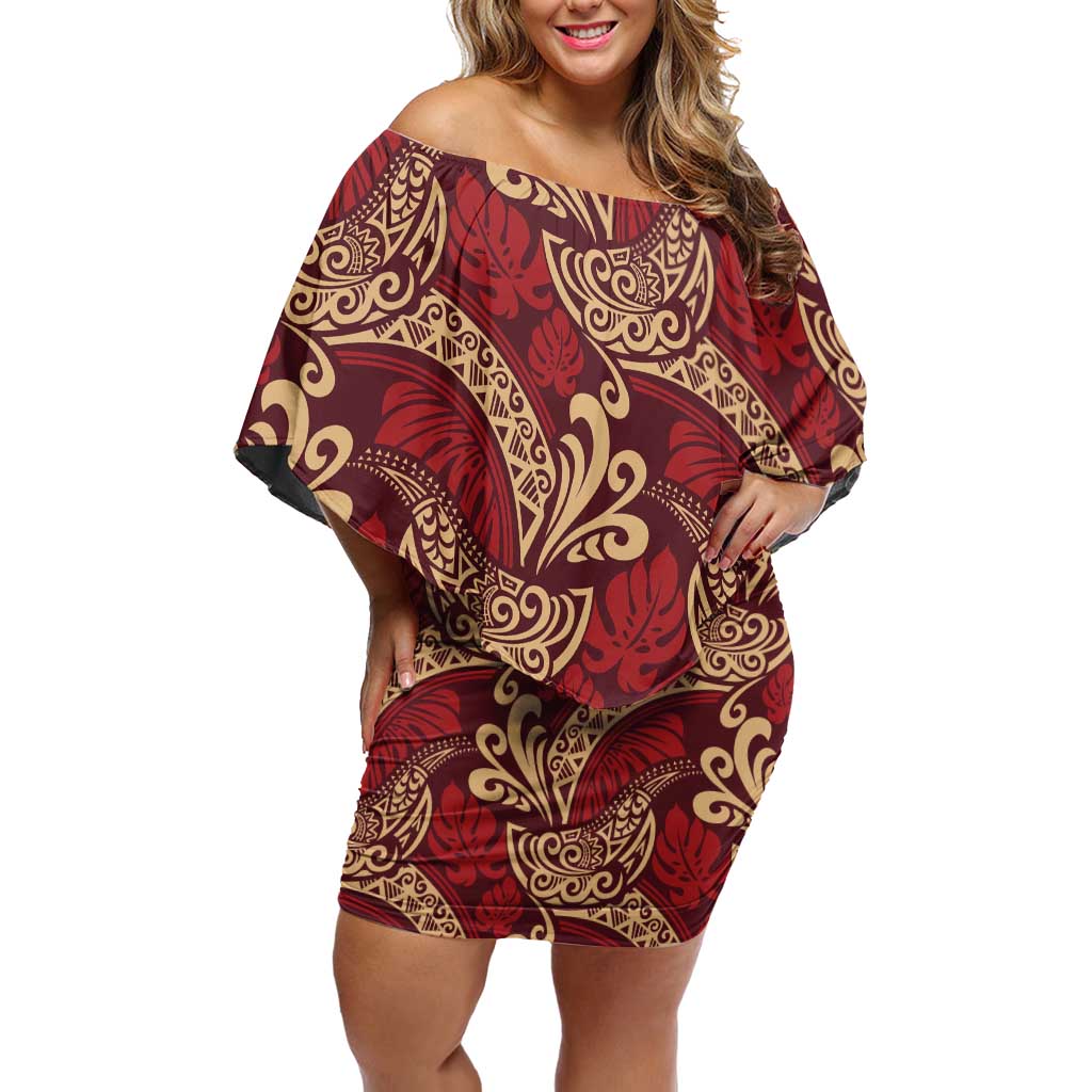 Luxury Red Monstera Off Shoulder Short Dress Polynesian Tribal Pattern LT01 Women Red - Polynesian Pride