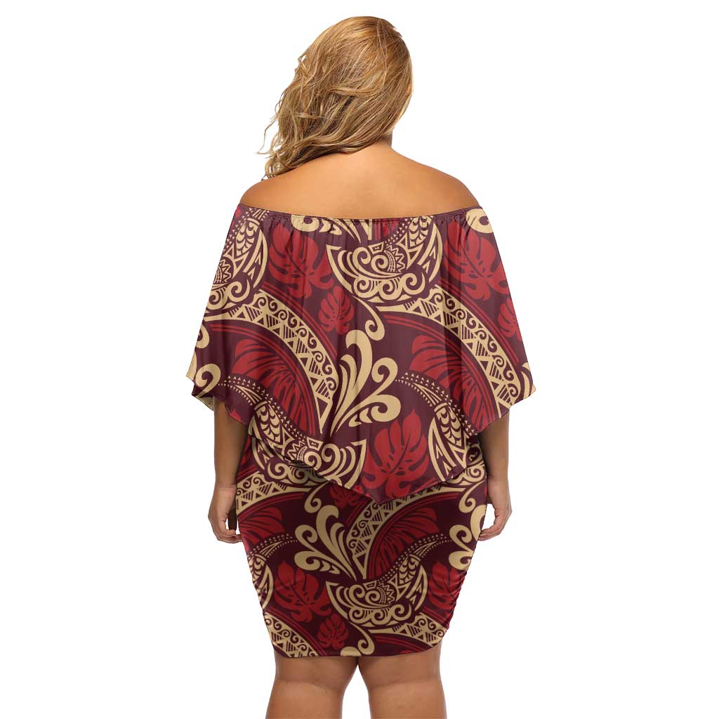 Luxury Red Monstera Off Shoulder Short Dress Polynesian Tribal Pattern LT01 - Polynesian Pride