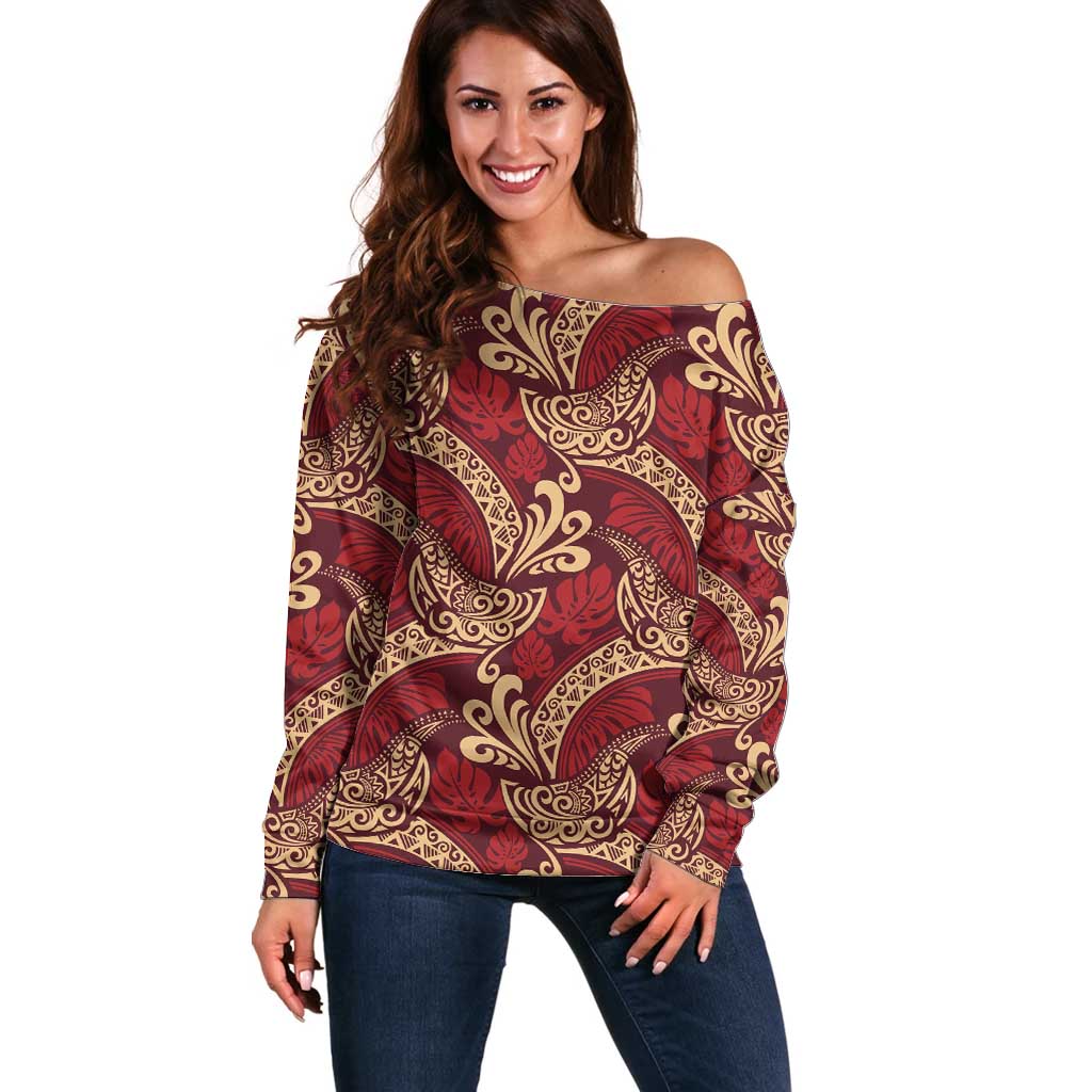 Luxury Red Monstera Off Shoulder Sweater Polynesian Tribal Pattern - Polynesian Pride