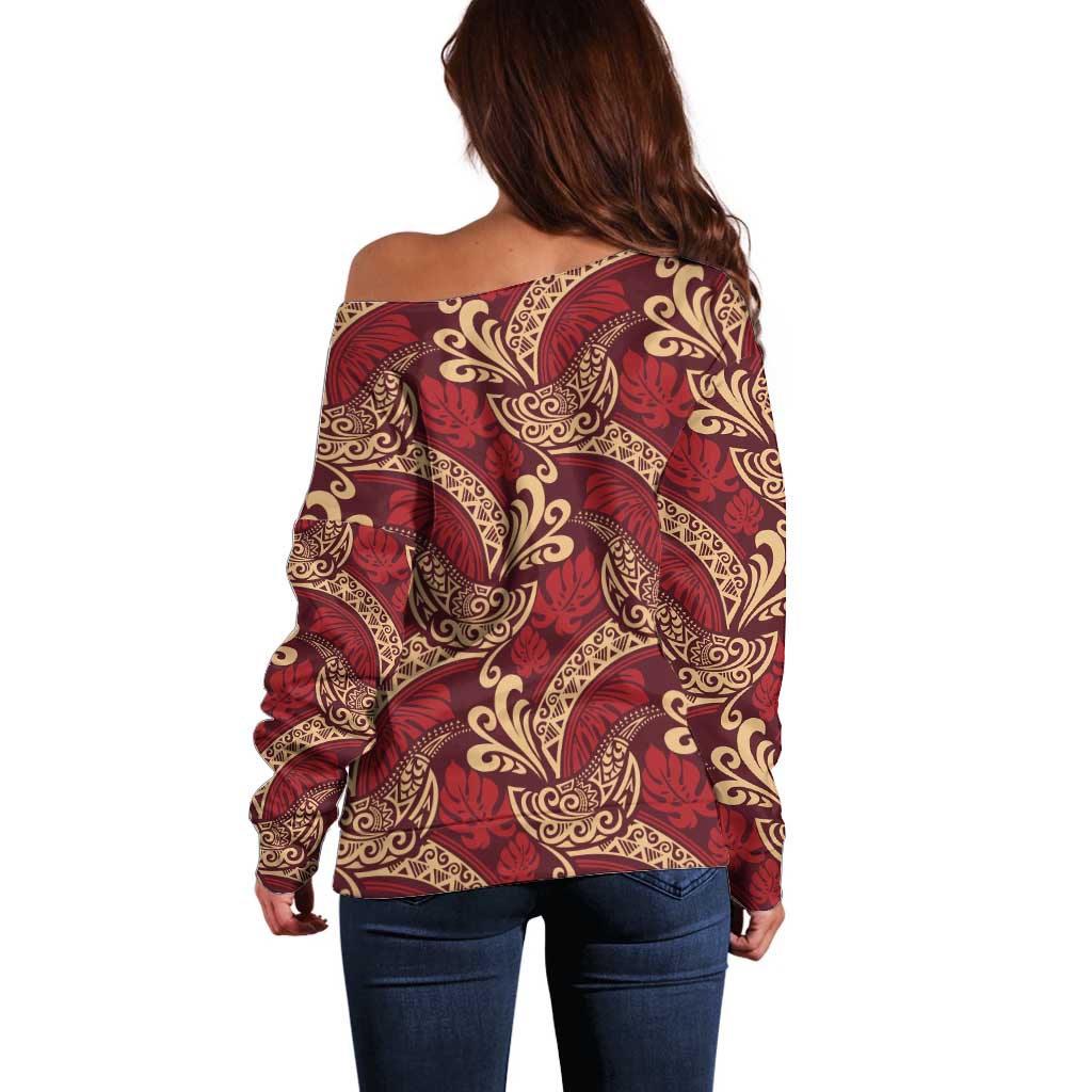Luxury Red Monstera Off Shoulder Sweater Polynesian Tribal Pattern - Polynesian Pride
