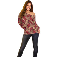 Luxury Red Monstera Off Shoulder Sweater Polynesian Tribal Pattern - Polynesian Pride