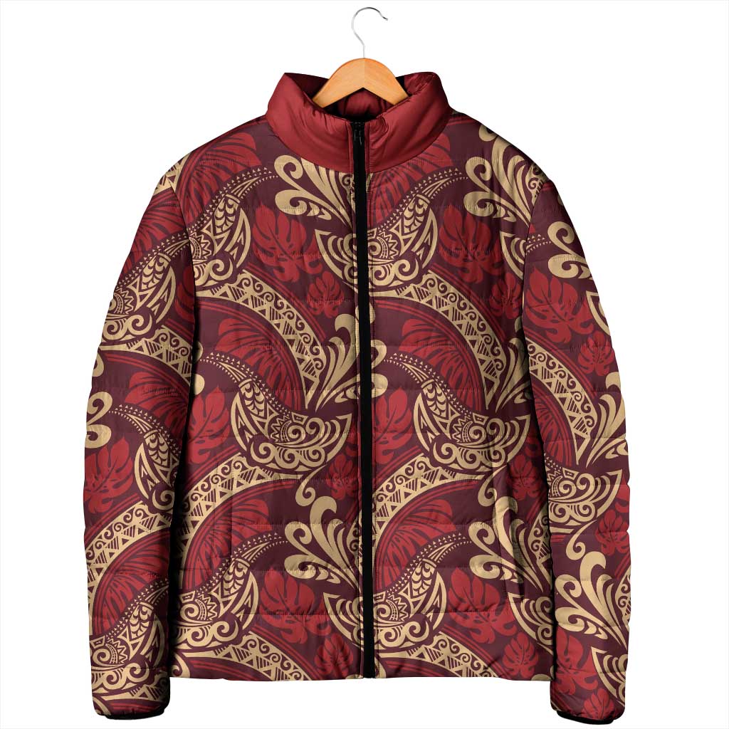 Luxury Red Monstera Padded Jacket Polynesian Tribal Pattern LT01 - Polynesian Pride
