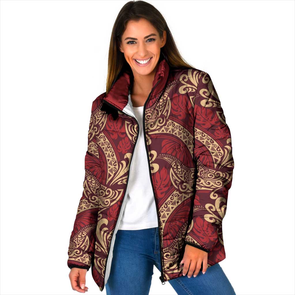 Luxury Red Monstera Padded Jacket Polynesian Tribal Pattern LT01 Women Red - Polynesian Pride