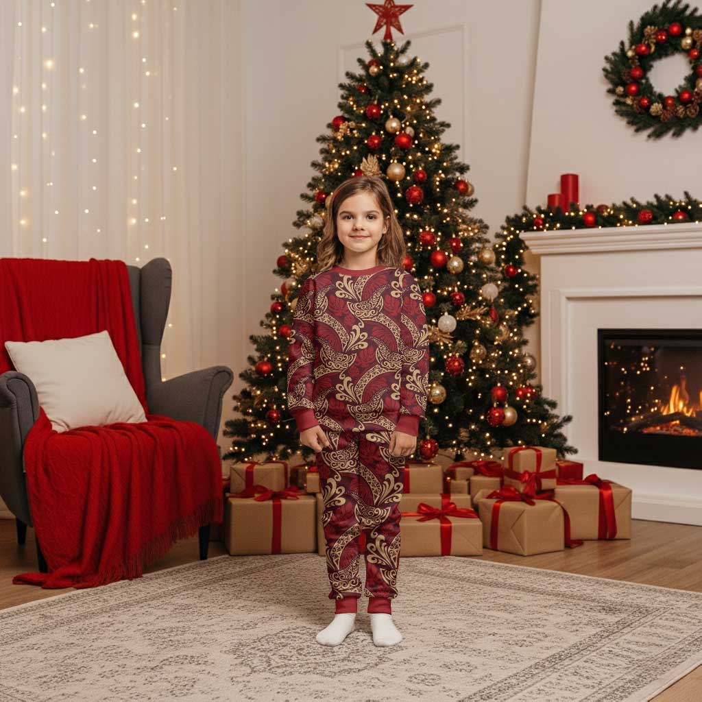 Luxury Red Monstera Christmas Pajama Set Polynesian Tribal Pattern - Polynesian Pride
