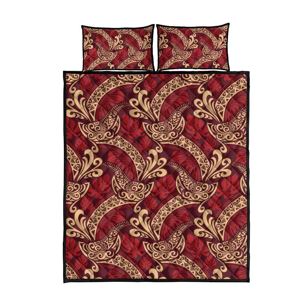 Luxury Red Monstera Quilt Bed Set Polynesian Tribal Pattern - Polynesian Pride