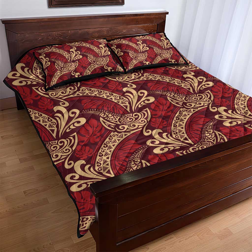 Luxury Red Monstera Quilt Bed Set Polynesian Tribal Pattern - Polynesian Pride