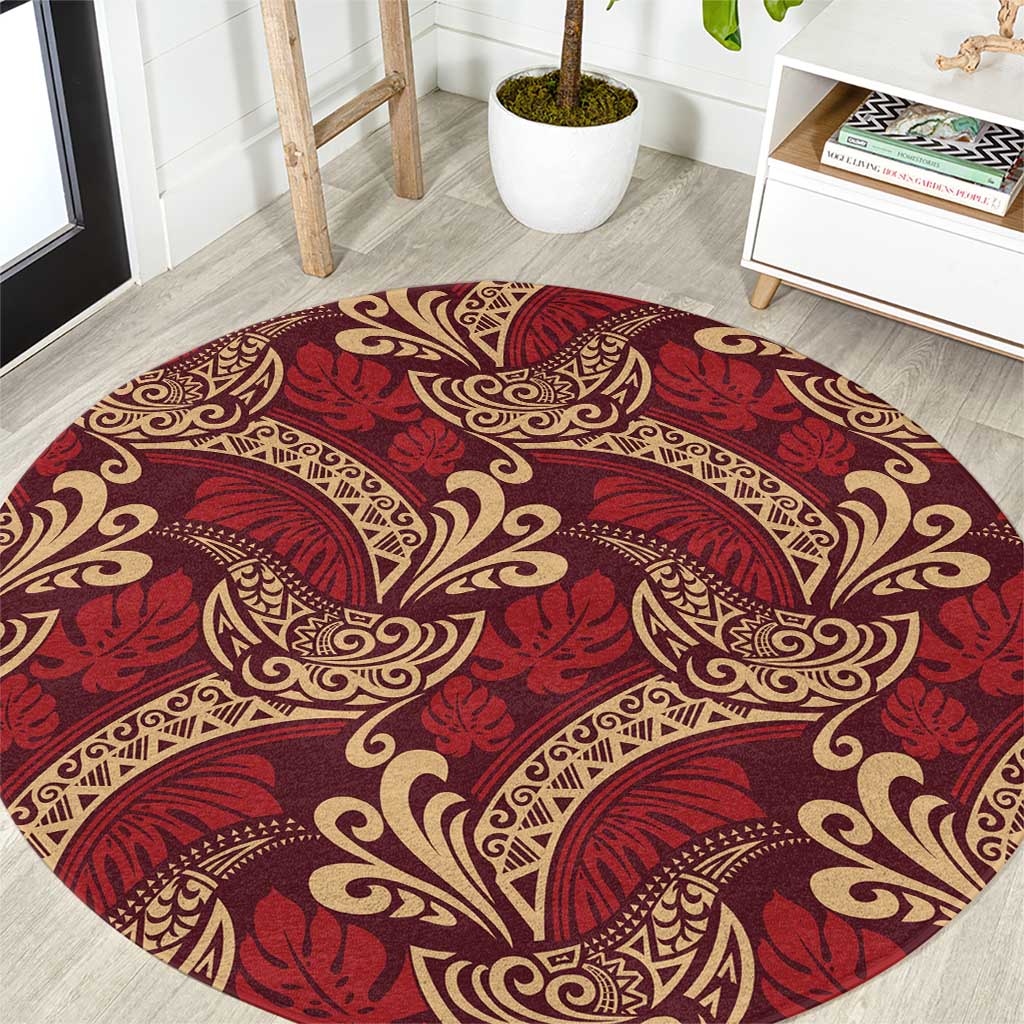 Luxury Red Monstera Round Carpet Polynesian Tribal Pattern - Polynesian Pride