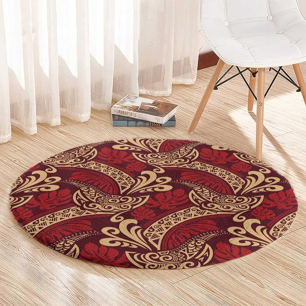Luxury Red Monstera Round Carpet Polynesian Tribal Pattern - Polynesian Pride