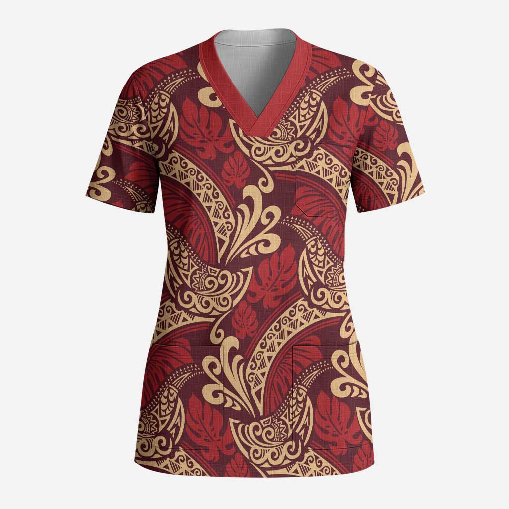 Luxury Red Monstera Scrub Top Polynesian Tribal Pattern LT01 Adult Red - Polynesian Pride