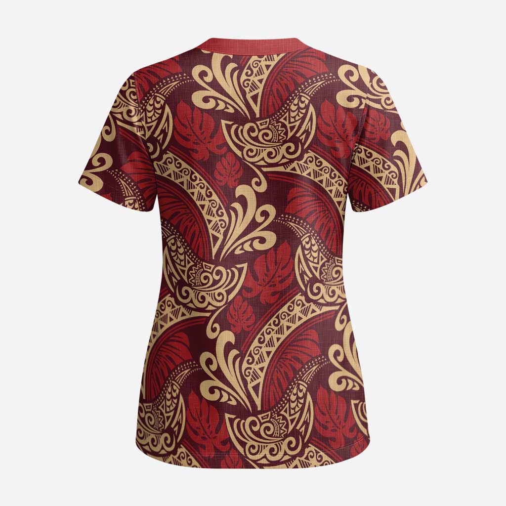 Luxury Red Monstera Scrub Top Polynesian Tribal Pattern LT01 - Polynesian Pride