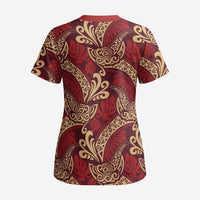 Luxury Red Monstera Scrub Top Polynesian Tribal Pattern LT01 - Polynesian Pride