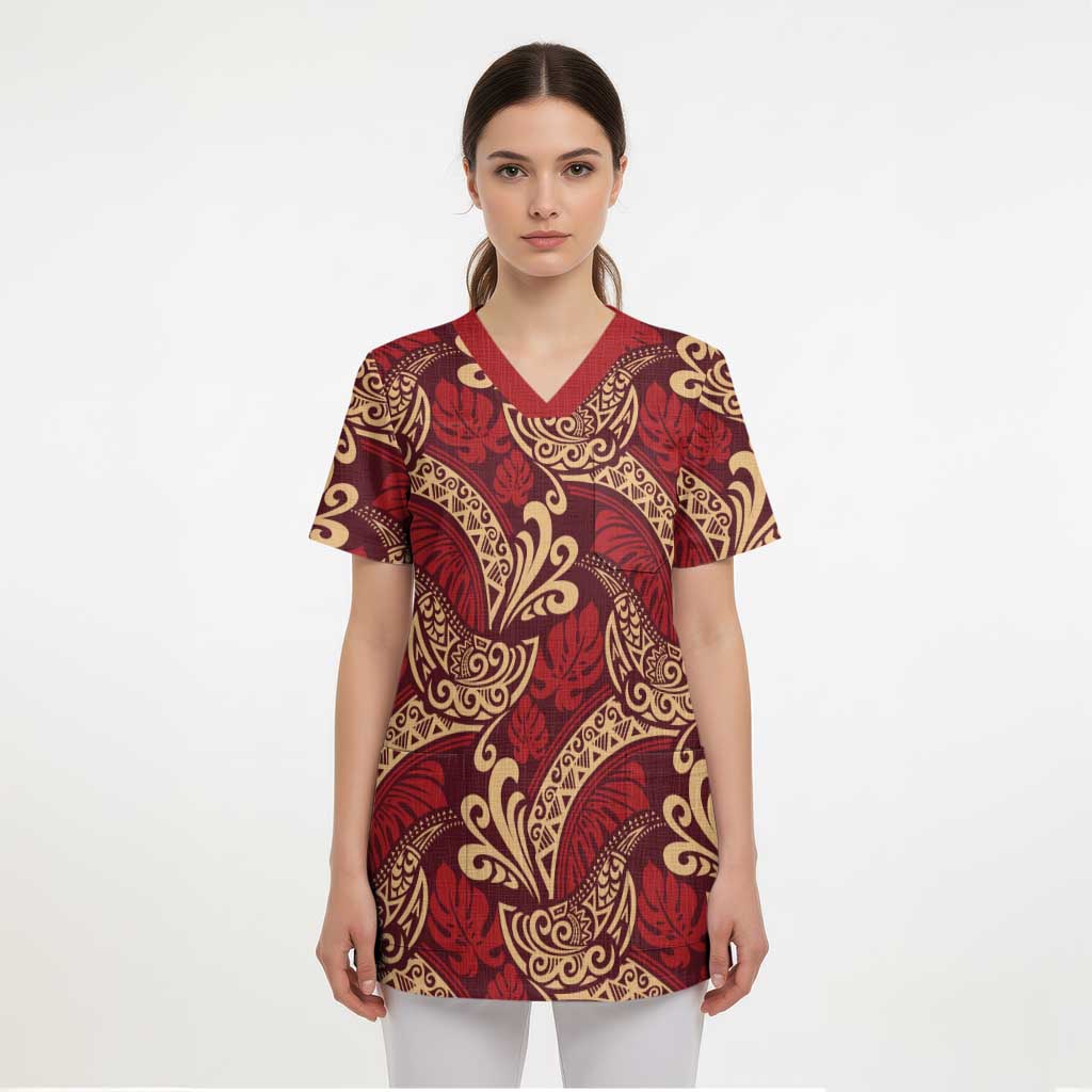 Luxury Red Monstera Scrub Top Polynesian Tribal Pattern LT01 - Polynesian Pride