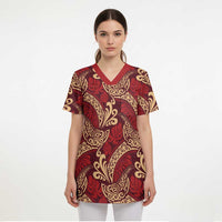 Luxury Red Monstera Scrub Top Polynesian Tribal Pattern LT01 - Polynesian Pride