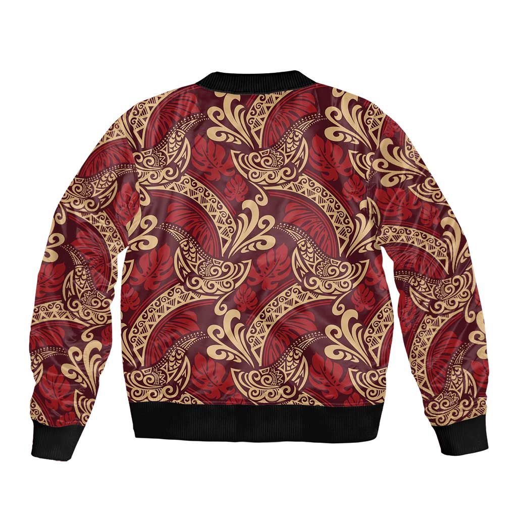 Luxury Red Monstera Sleeve Zip Bomber Jacket Polynesian Tribal Pattern - Polynesian Pride
