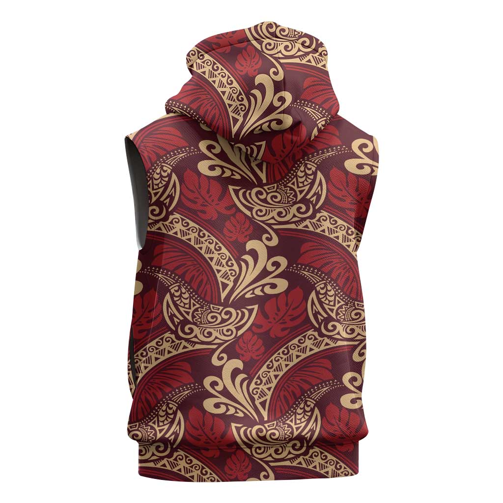 Luxury Red Monstera Sleeveless Hoodie Polynesian Tribal Pattern - Polynesian Pride