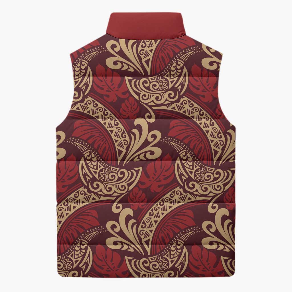 Luxury Red Monstera Sleeveless Puffer Jacket Polynesian Tribal Pattern LT01 - Polynesian Pride