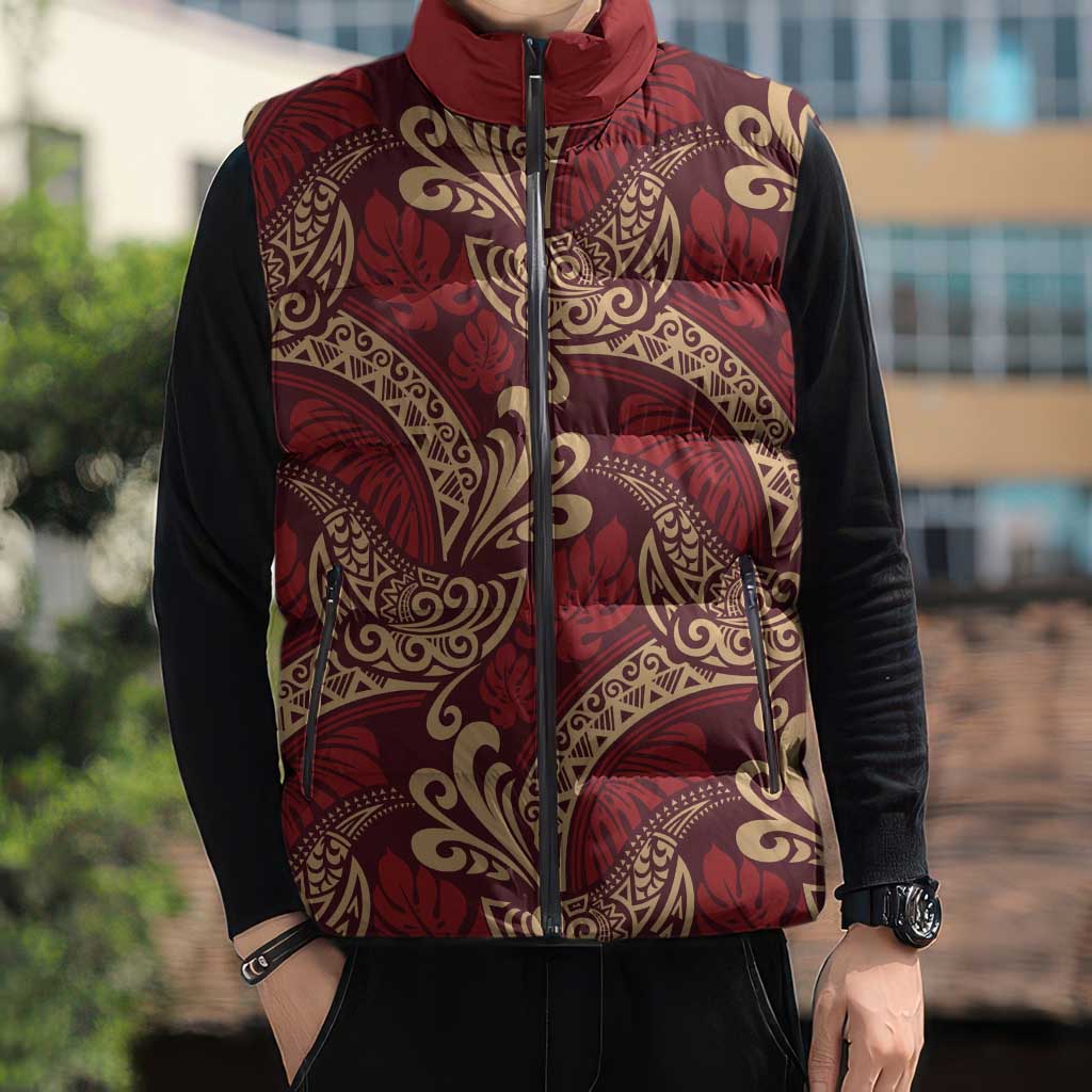 Luxury Red Monstera Sleeveless Puffer Jacket Polynesian Tribal Pattern LT01 - Polynesian Pride