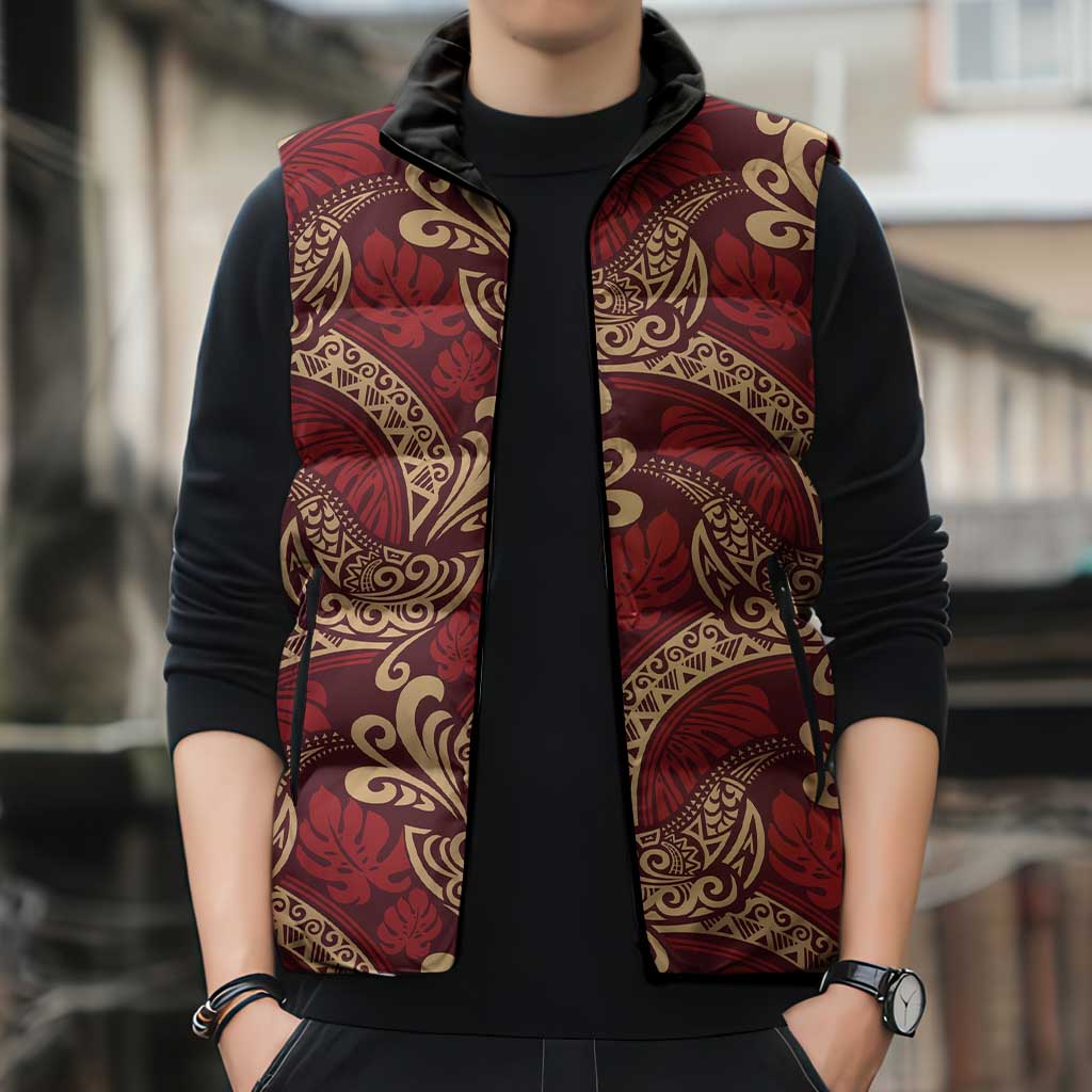 Luxury Red Monstera Sleeveless Puffer Jacket Polynesian Tribal Pattern LT01 - Polynesian Pride
