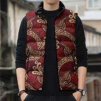 Luxury Red Monstera Sleeveless Puffer Jacket Polynesian Tribal Pattern LT01 - Polynesian Pride