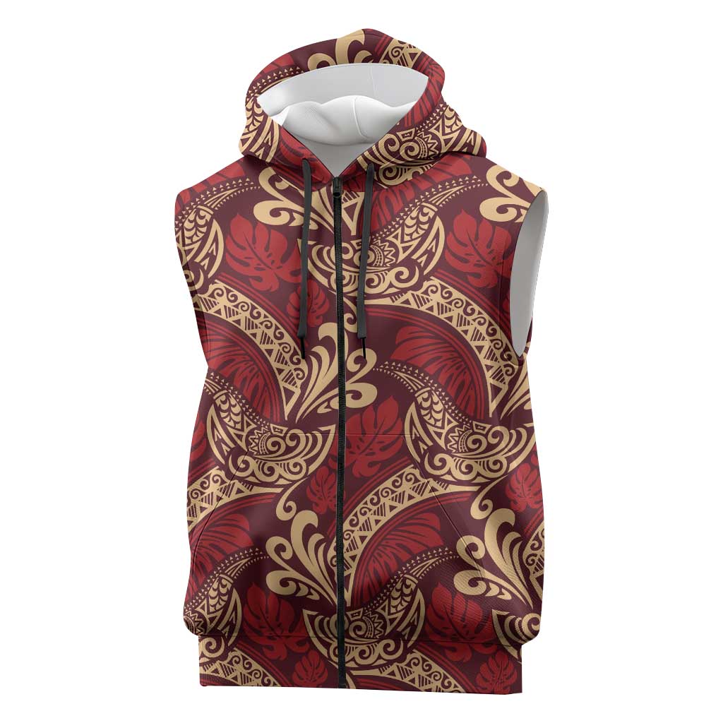 Luxury Red Monstera Sleeveless Zip Hoodie Polynesian Tribal Pattern LT01 Red - Polynesian Pride