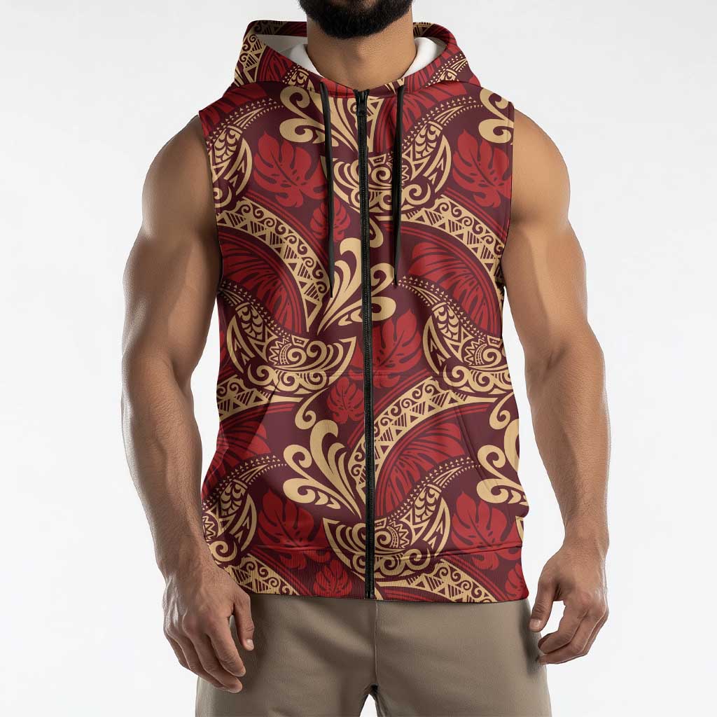 Luxury Red Monstera Sleeveless Zip Hoodie Polynesian Tribal Pattern LT01 - Polynesian Pride