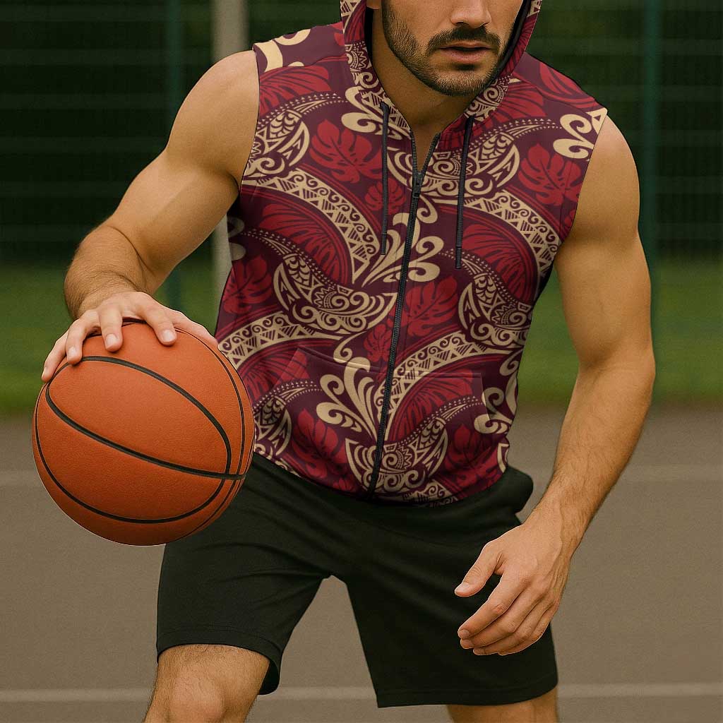 Luxury Red Monstera Sleeveless Zip Hoodie Polynesian Tribal Pattern LT01 - Polynesian Pride