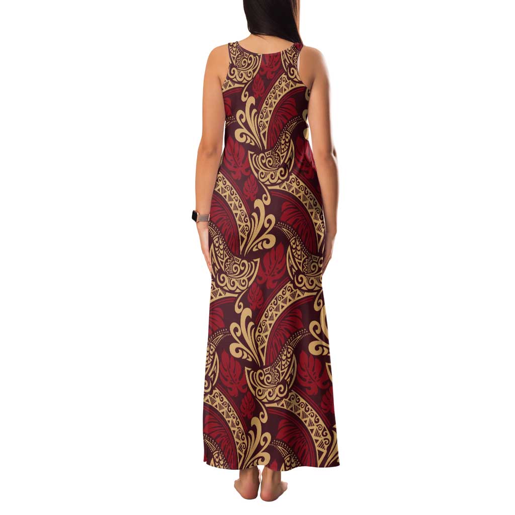 Luxury Red Monstera Tank Maxi Dress Polynesian Tribal Pattern LT01 - Polynesian Pride