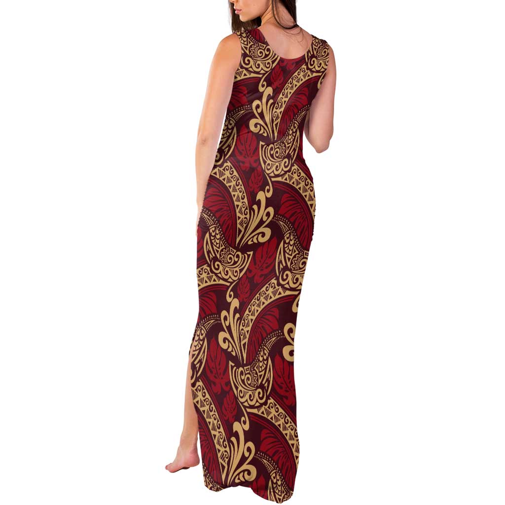 Luxury Red Monstera Tank Maxi Dress Polynesian Tribal Pattern LT01 - Polynesian Pride