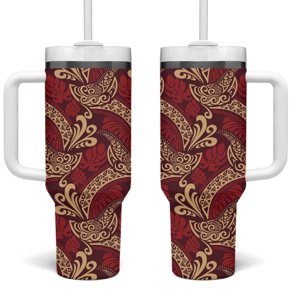 Luxury Red Monstera Tumbler With Handle Polynesian Tribal Pattern - Polynesian Pride
