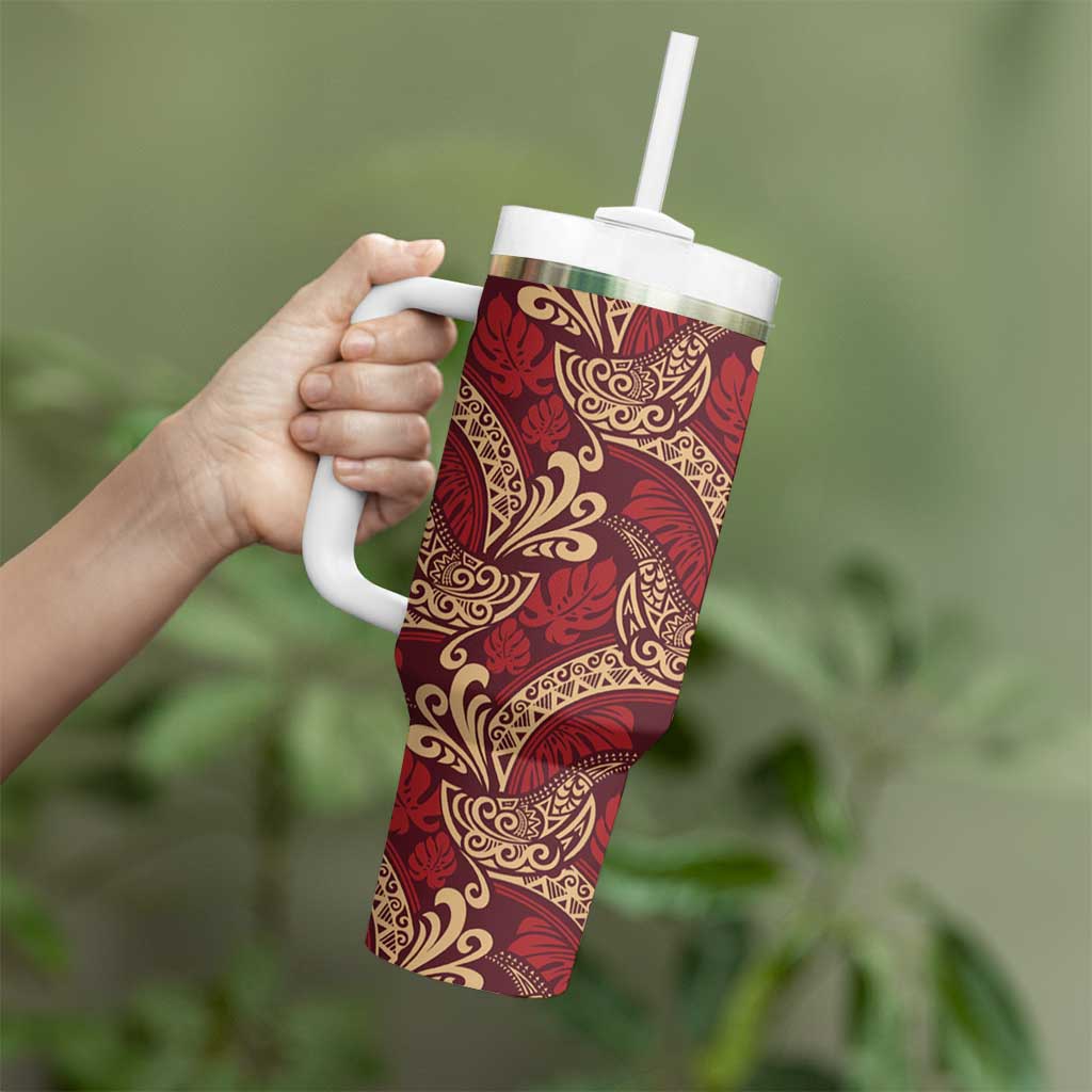 Luxury Red Monstera Tumbler With Handle Polynesian Tribal Pattern - Polynesian Pride