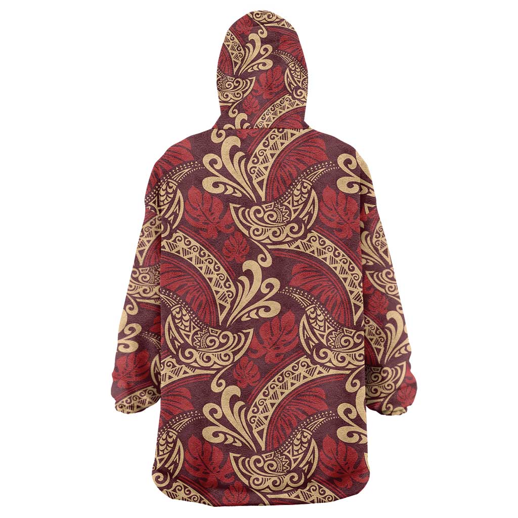 Luxury Red Monstera Wearable Blanket Hoodie Polynesian Tribal Pattern LT01 - Polynesian Pride