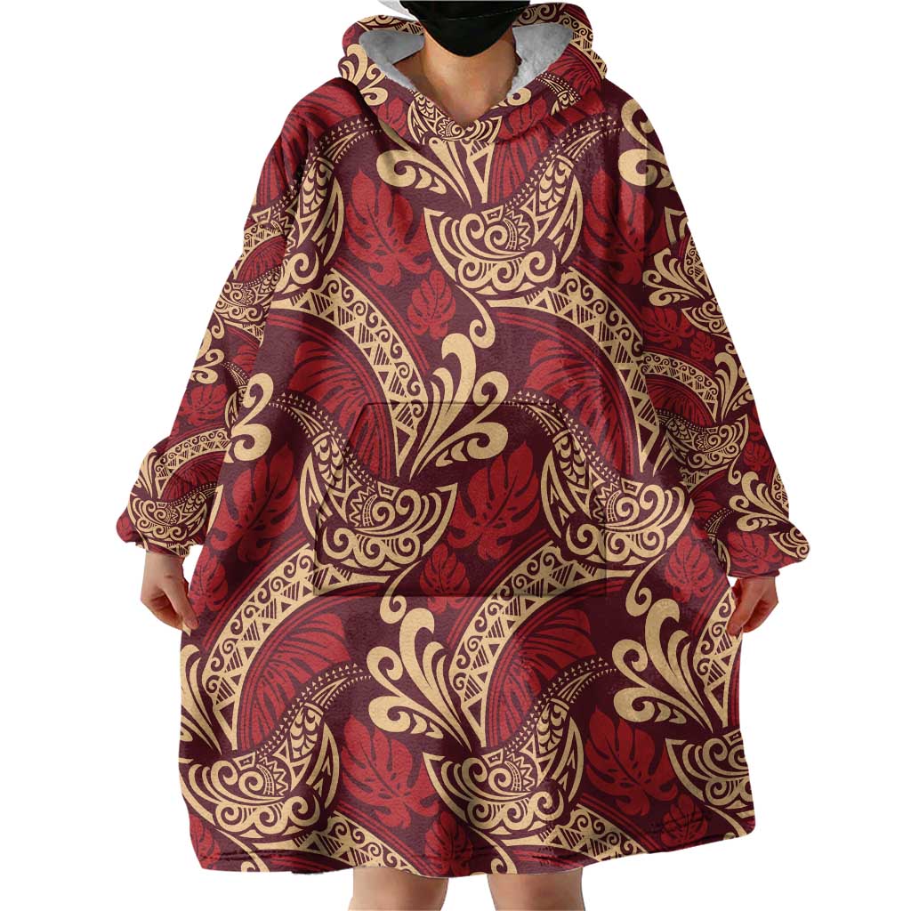 Luxury Red Monstera Wearable Blanket Hoodie Polynesian Tribal Pattern LT01 - Polynesian Pride