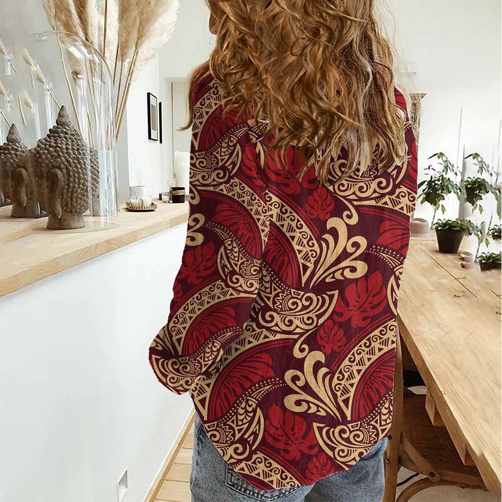 Luxury Red Monstera Women Casual Shirt Polynesian Tribal Pattern - Polynesian Pride