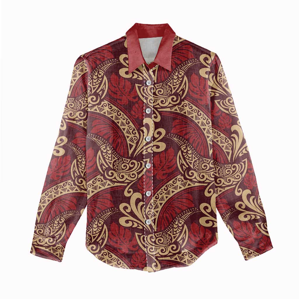 Luxury Red Monstera Women Casual Shirt Polynesian Tribal Pattern - Polynesian Pride