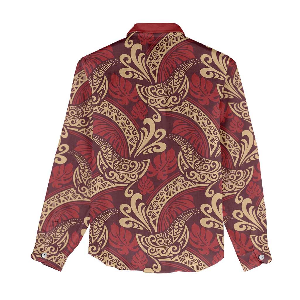 Luxury Red Monstera Women Casual Shirt Polynesian Tribal Pattern - Polynesian Pride
