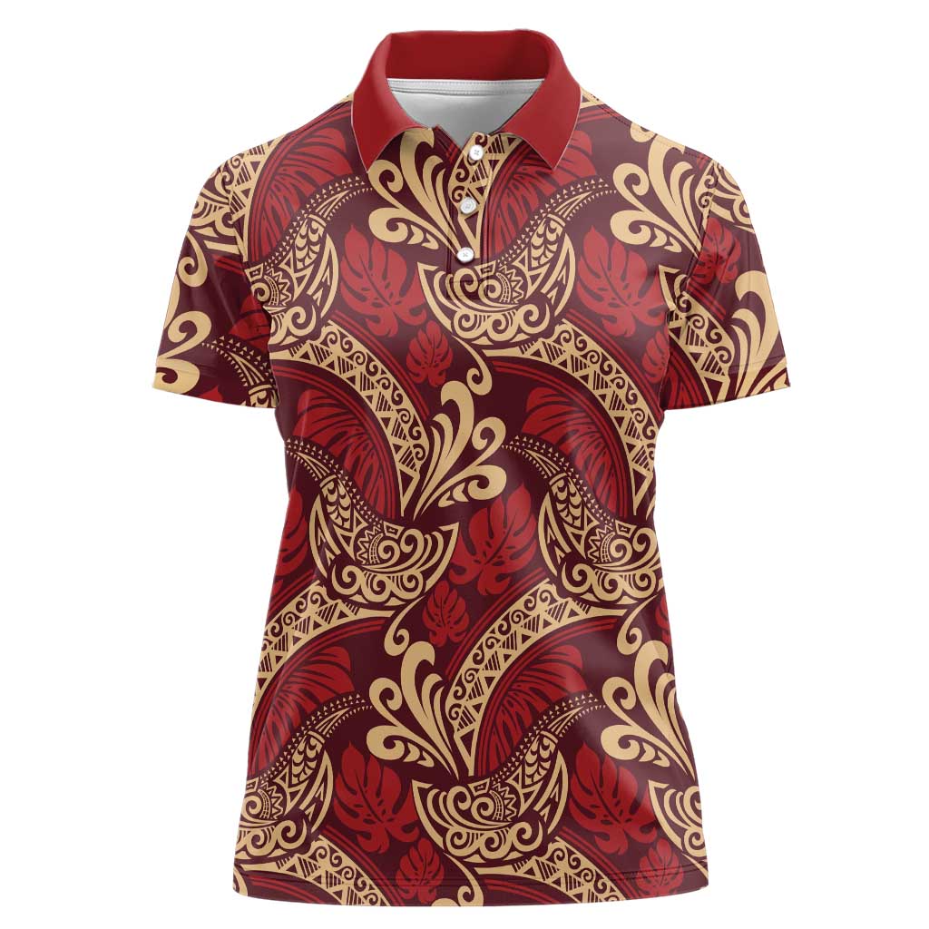 Luxury Red Monstera Women Polo Shirt Polynesian Tribal Pattern LT01 Female Red - Polynesian Pride