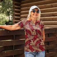 Luxury Red Monstera Women Polo Shirt Polynesian Tribal Pattern LT01 - Polynesian Pride