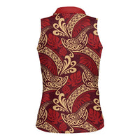 Luxury Red Monstera Women Sleeveless Polo Shirt Polynesian Tribal Pattern LT01 - Polynesian Pride