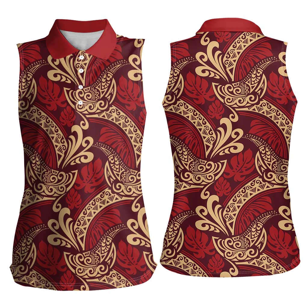 Luxury Red Monstera Women Sleeveless Polo Shirt Polynesian Tribal Pattern LT01 - Polynesian Pride