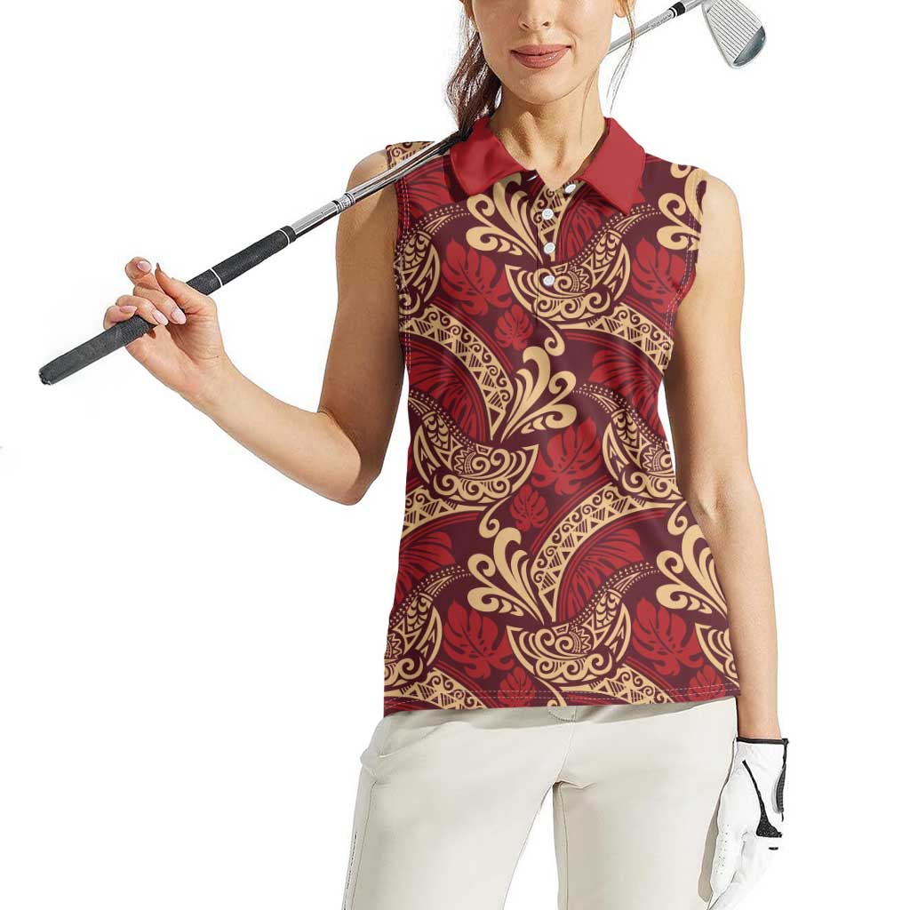 Luxury Red Monstera Women Sleeveless Polo Shirt Polynesian Tribal Pattern LT01 - Polynesian Pride