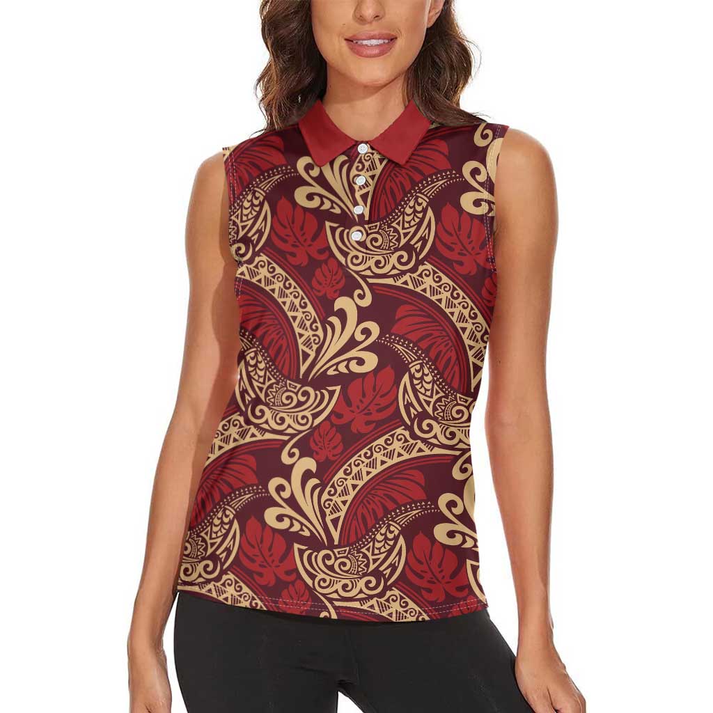 Luxury Red Monstera Women Sleeveless Polo Shirt Polynesian Tribal Pattern LT01 - Polynesian Pride