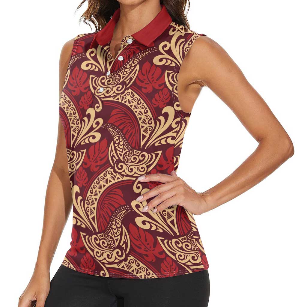 Luxury Red Monstera Women Sleeveless Polo Shirt Polynesian Tribal Pattern LT01 - Polynesian Pride