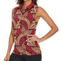 Luxury Red Monstera Women Sleeveless Polo Shirt Polynesian Tribal Pattern LT01 - Polynesian Pride