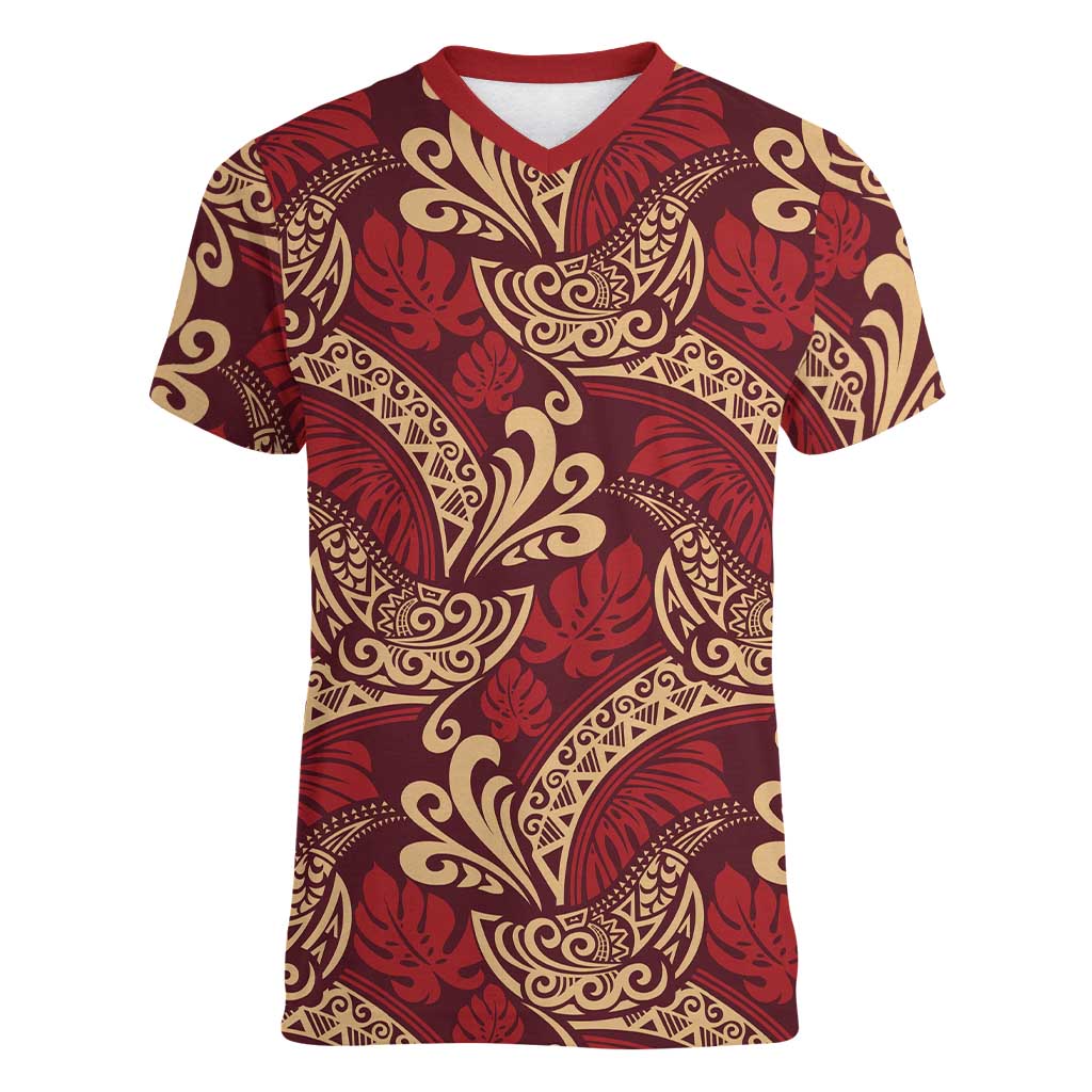 Luxury Red Monstera Women V-Neck T-Shirt Polynesian Tribal Pattern LT01 Female Red - Polynesian Pride