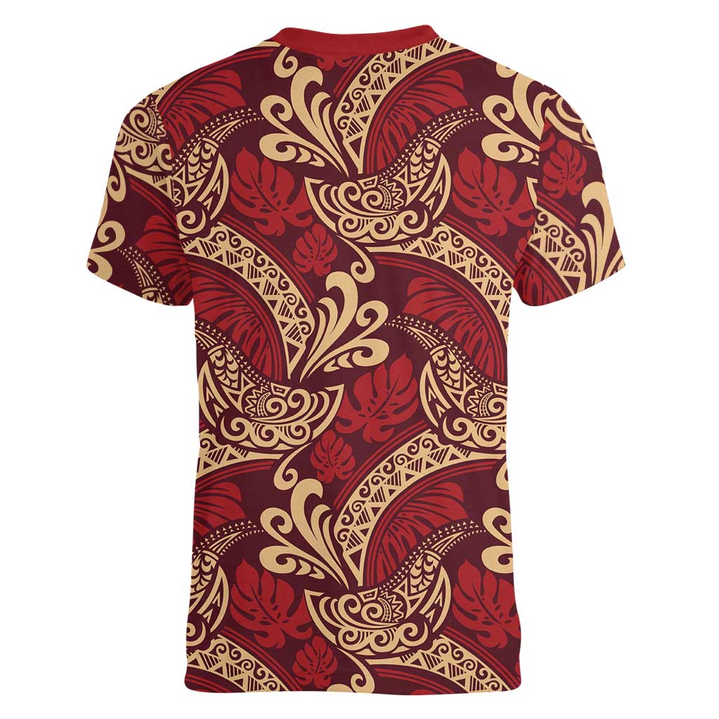 Luxury Red Monstera Women V-Neck T-Shirt Polynesian Tribal Pattern LT01 - Polynesian Pride