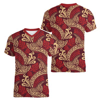 Luxury Red Monstera Women V-Neck T-Shirt Polynesian Tribal Pattern LT01 - Polynesian Pride