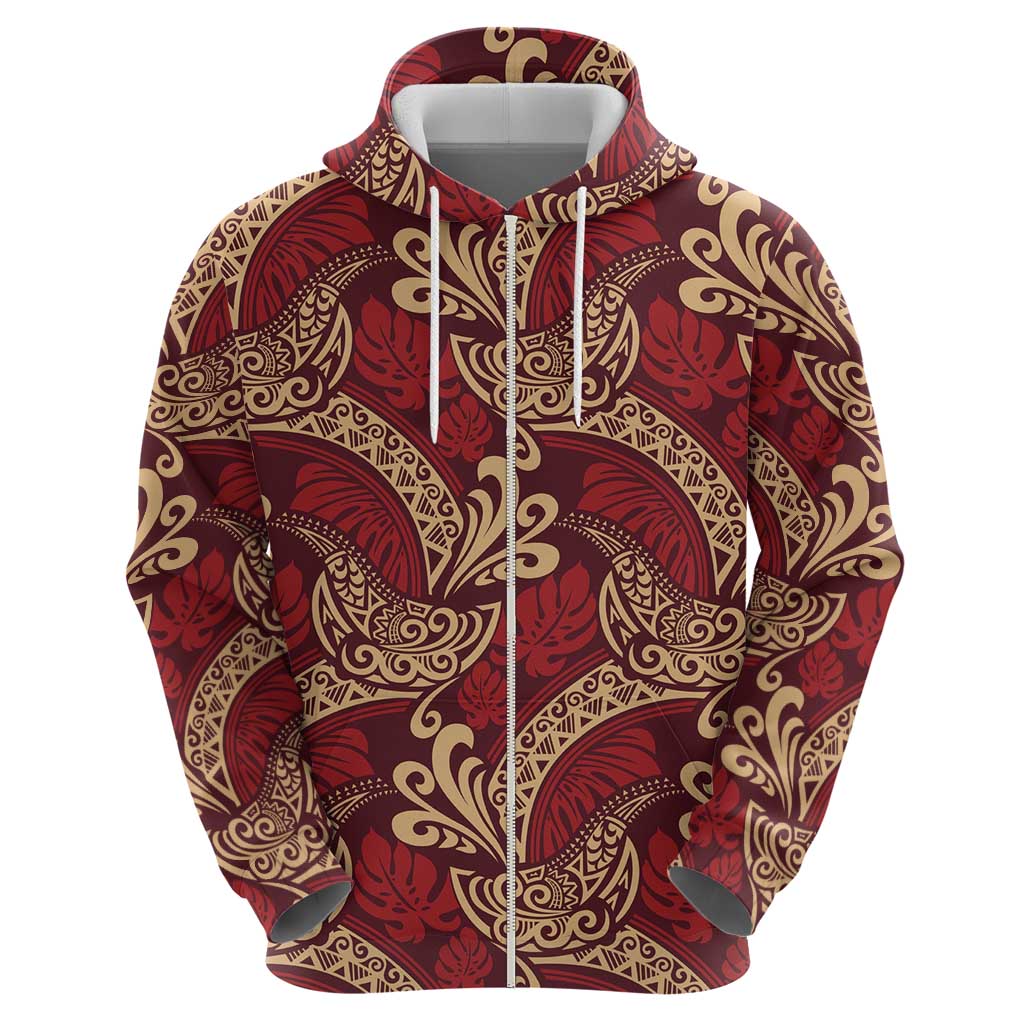 Luxury Red Monstera Zip Hoodie Polynesian Tribal Pattern LT01 - Polynesian Pride