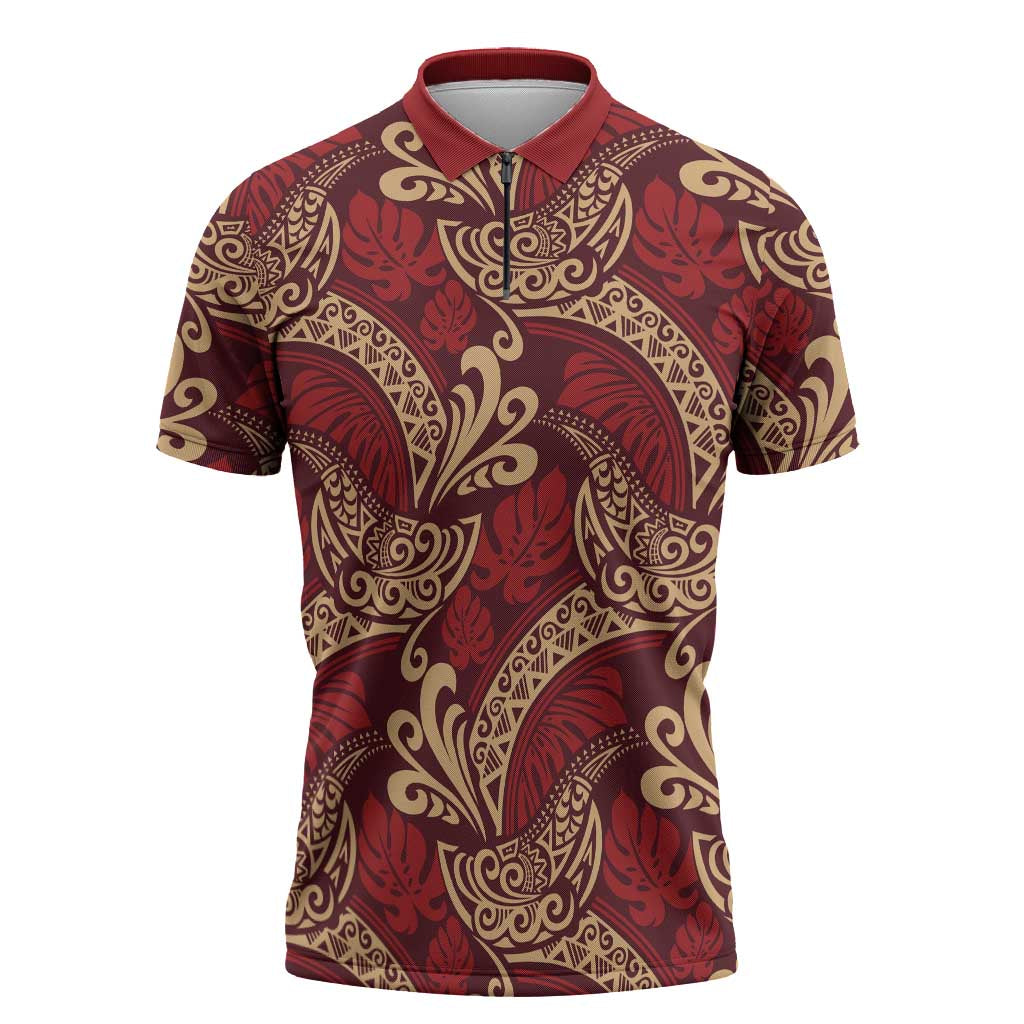 Luxury Red Monstera Zipper Polo Shirt Polynesian Tribal Pattern LT01 Red - Polynesian Pride