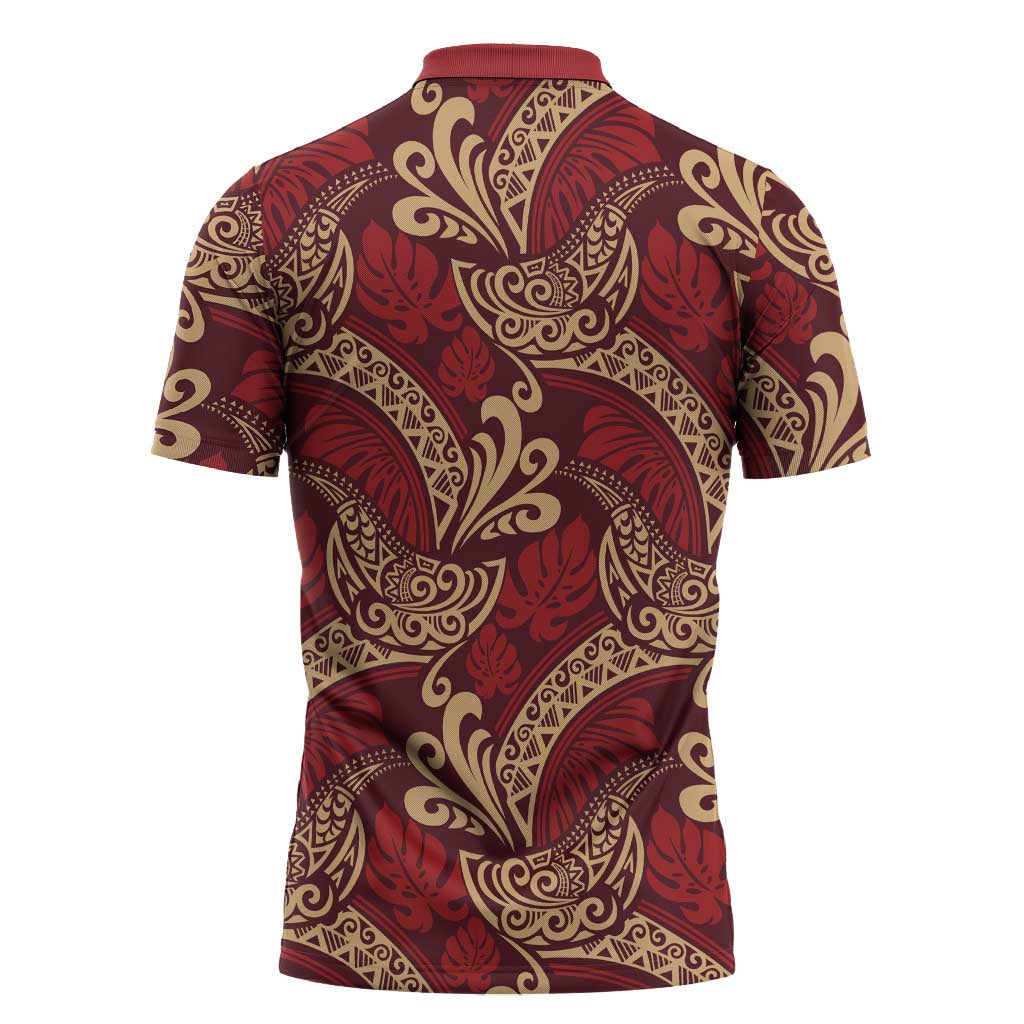 Luxury Red Monstera Zipper Polo Shirt Polynesian Tribal Pattern LT01 - Polynesian Pride